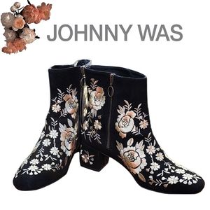 Johnny Was Black Ankle Boots with Floral Embroidery